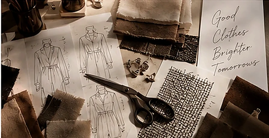 Moda tasarımı eskizleri, kumaşlar ve numuneler